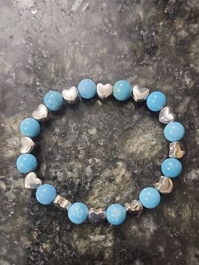 Handmade Larimar Bead & Silver Heart Stretch Bracelet